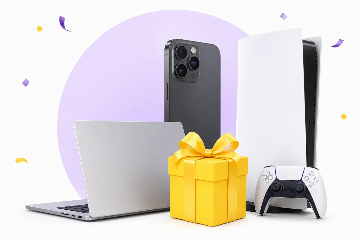 Celular, computadora, consola y regalo